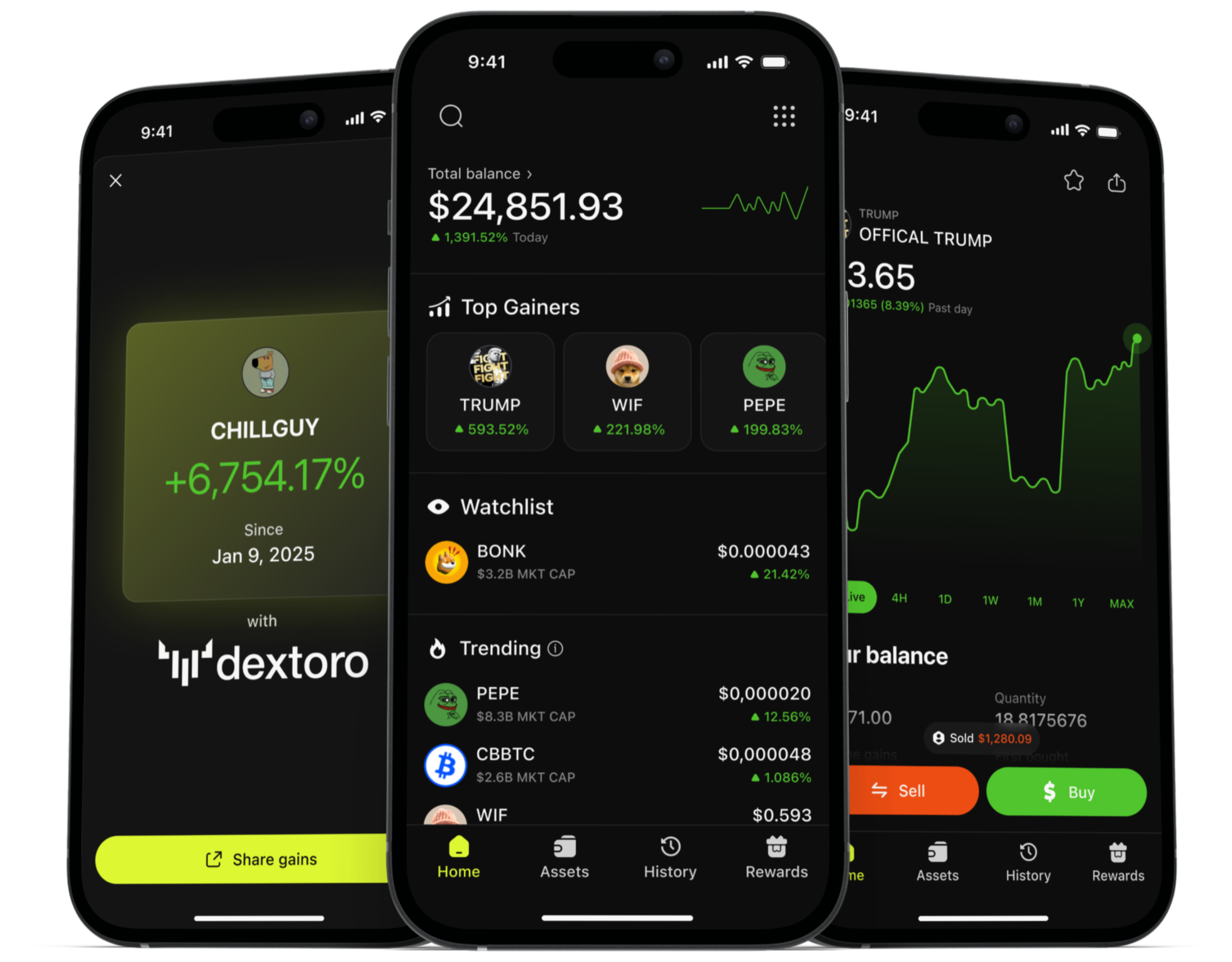 dextoro app shown on three iPhones — trending Solana tokens, wallet tracking, and live market data